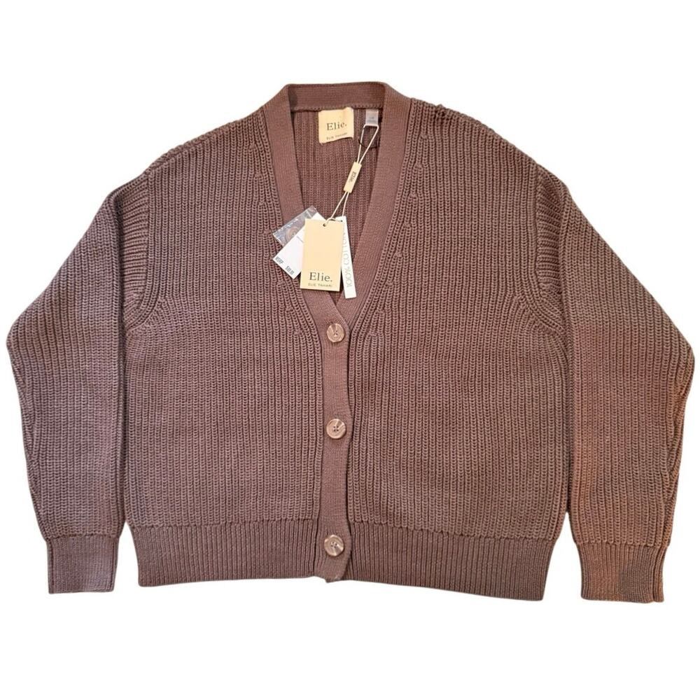 Elie Tahari Cardigan Sweater Womens Large L Taupe Brown Pointelle Knit NWT